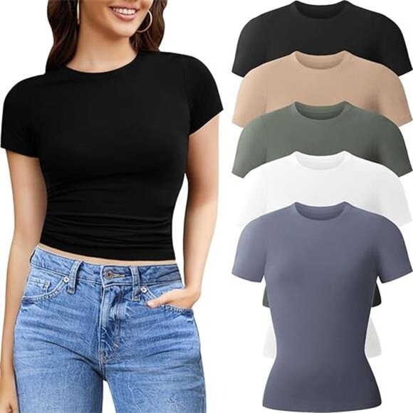 5 Pack Women's T-Shirts - Crew Neck Short Sleeve Casual Basic Fitted Stretchy - Picture 2 of 7